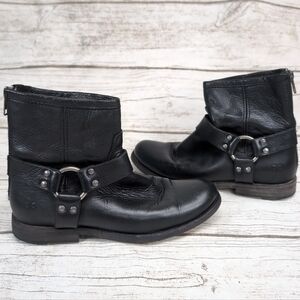 Frye Phillip Harness Boots Black Leather Biker Moto Ankle Boots Women Size 6.5